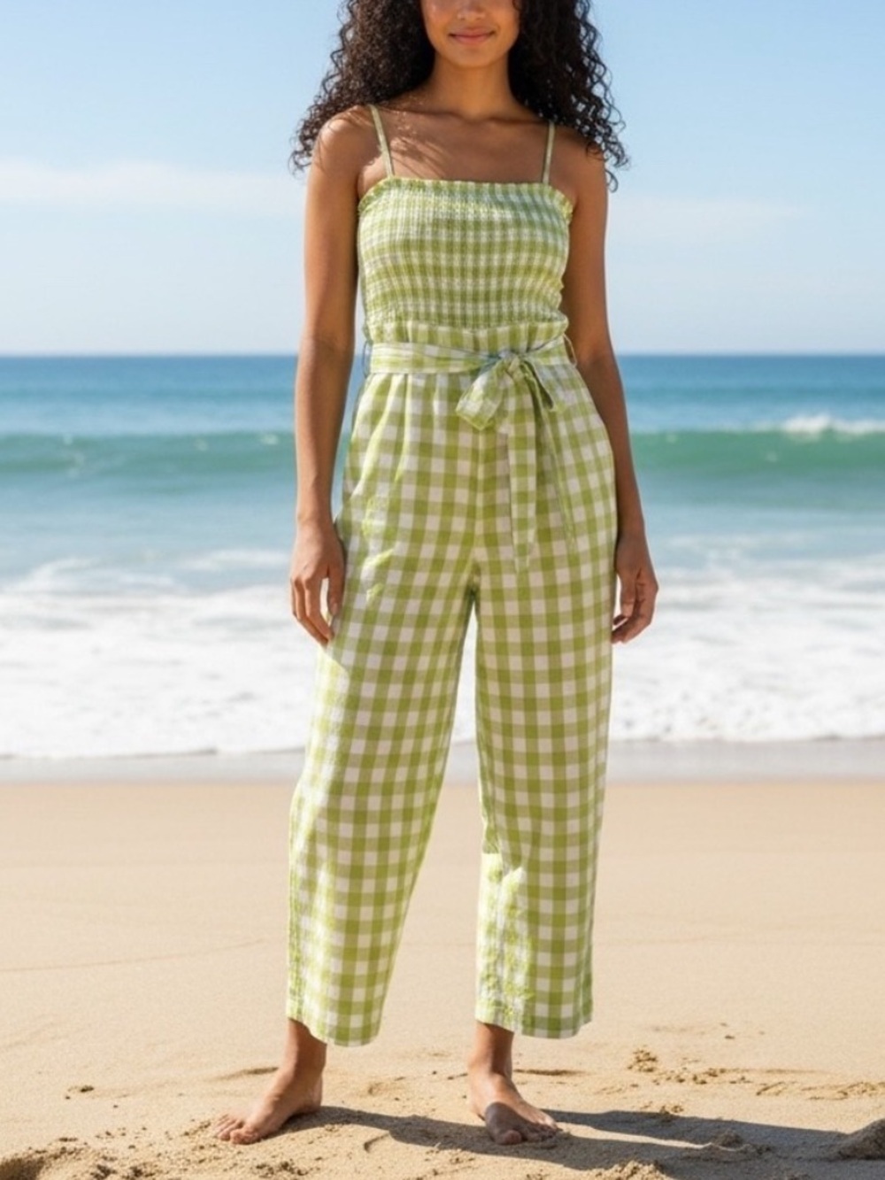 House of Harlow 1960 lime green gingham plaid jumpsuit size M linen blend